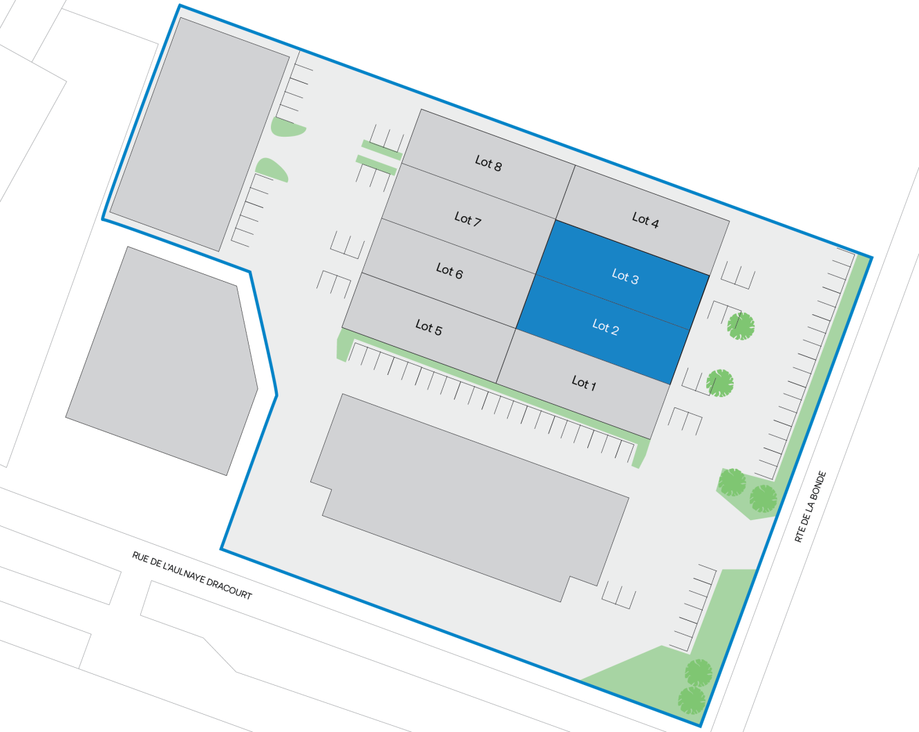 Plan du site présentant plusieurs parcelles constructibles ; les parcelles 2 et 3 sont surlignées en bleu. Les aires de stationnement et les rues adjacentes sont indiquées.