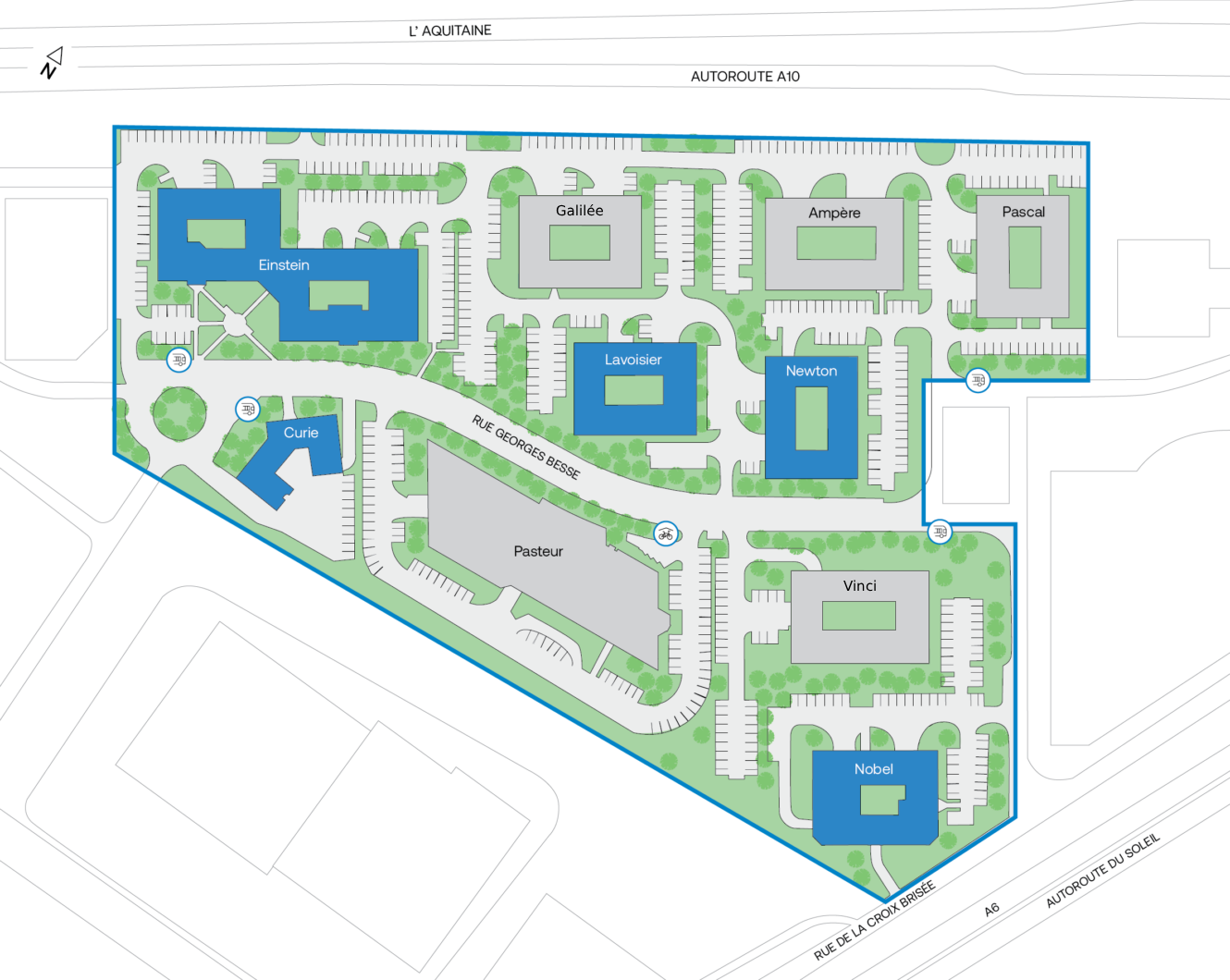 Plan d'un parc d'activités économiques montrant les immeubles de bureaux, les parkings, les routes, les entrées, les routes principales et les espaces verts.