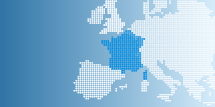 Carte de l'Europe en pointillés avec la France en bleu au centre, entourée des pays voisins en blanc sur un fond bleu dégradé.