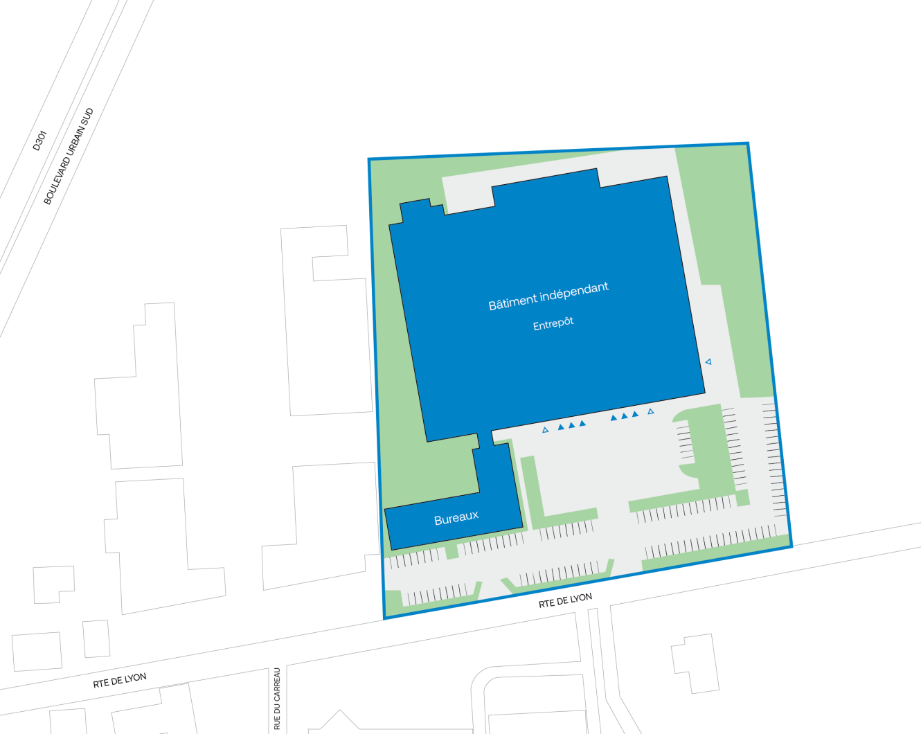 Plan du site montrant un grand bâtiment bleu étiqueté Bâtiment Indépendant Entrepôt avec les Bureaux adjacents et les aires de stationnement, bordé par la Rte de Lyon et les routes avoisinantes.