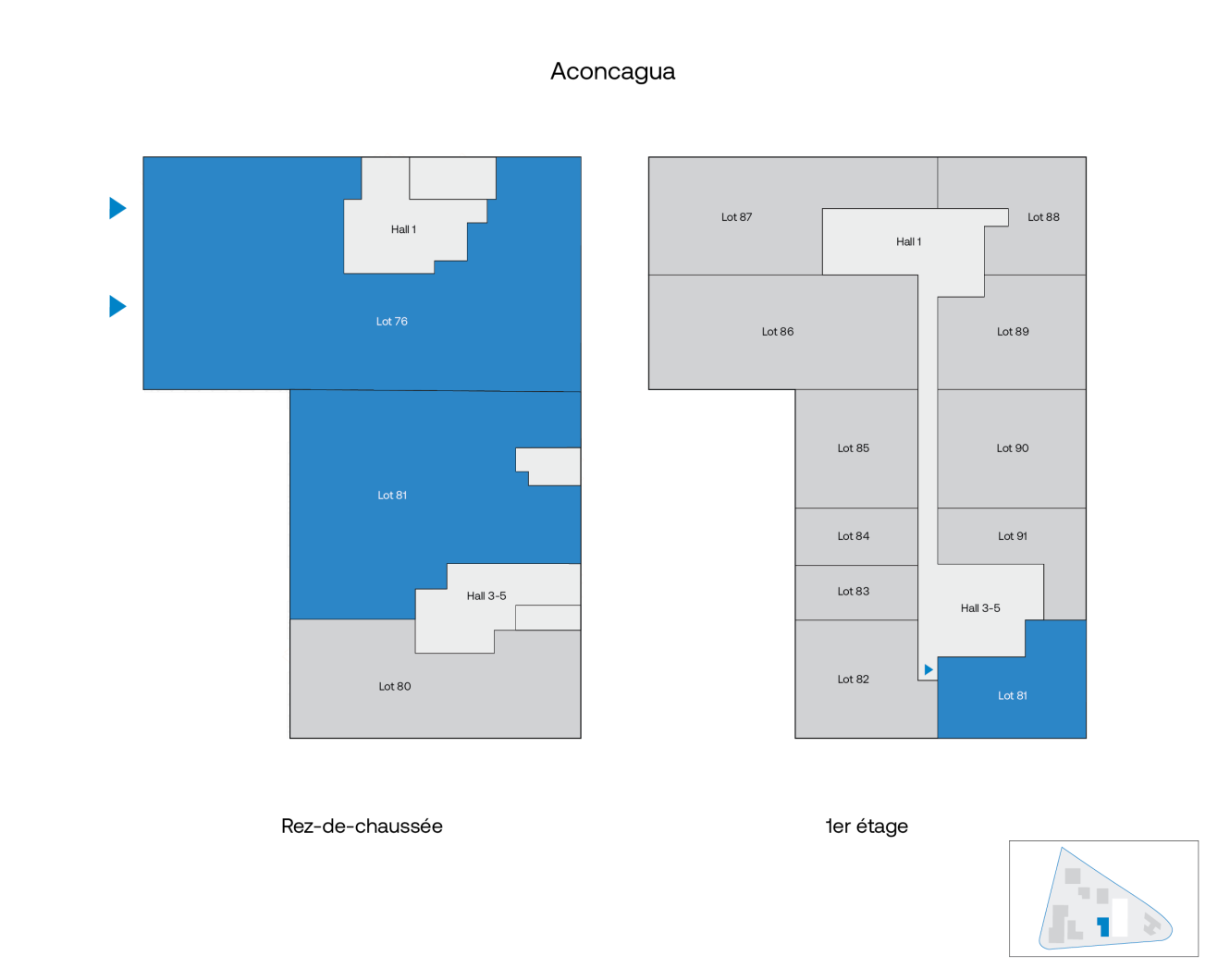 Plan d'un bâtiment appelé Aconcagua montrant le rez-de-chaussée et le premier étage avec différents lots étiquetés ; certaines zones sont surlignées en bleu.