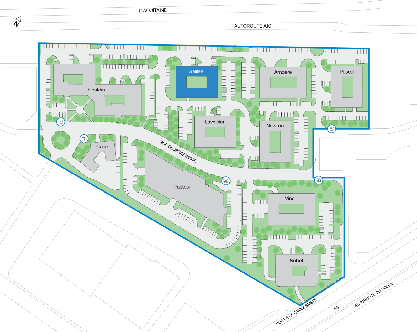 Plan d'un parc d'affaires montrant plusieurs immeubles de bureaux portant le nom de scientifiques, les routes environnantes, les aires de stationnement, les espaces verts et les entrées identifiées.