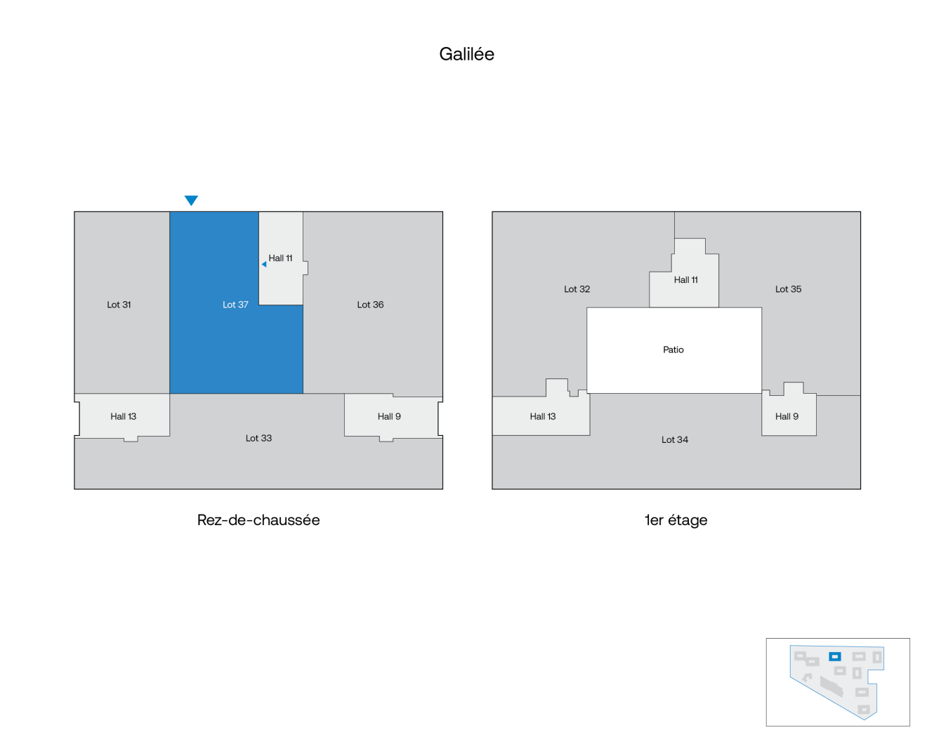 Plan de l'immeuble Galilée montrant le rez-de-chaussée avec le lot 37 surligné en bleu et le 1er étage avec un patio central.
