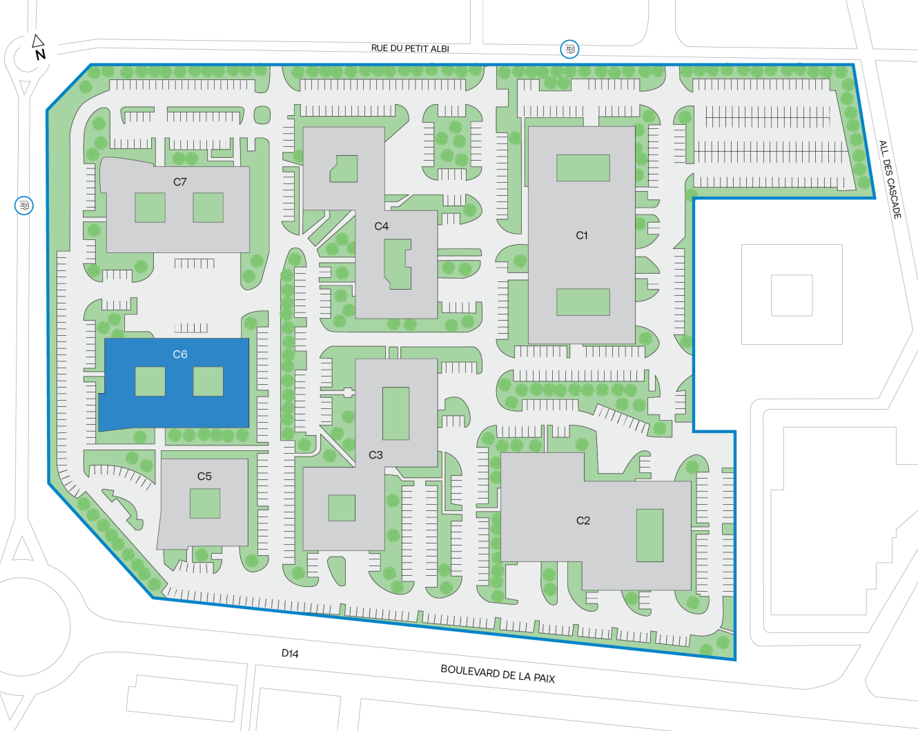 Plan de situation d'un parc d'activités avec de multiples bâtiments rectangulaires (C1-C8), des parkings, des espaces verts et des rues environnantes étiquetées sur tous les côtés.