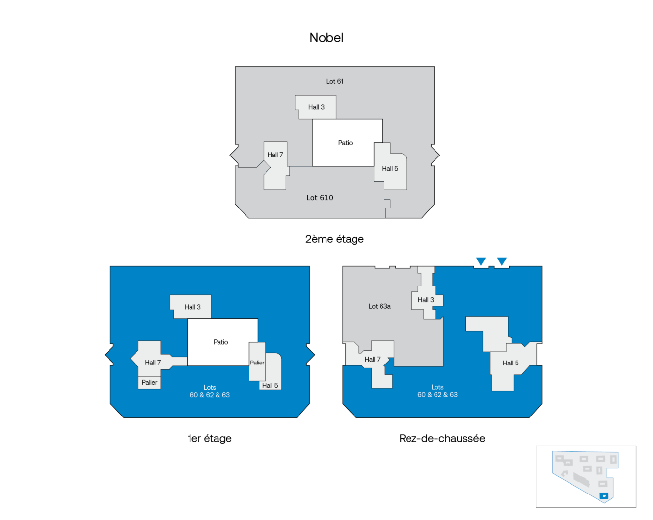 Plan des trois niveaux du bâtiment Nobel montrant les pièces, les halls, les patios et les terrains au rez-de-chaussée, au premier et au deuxième étage.