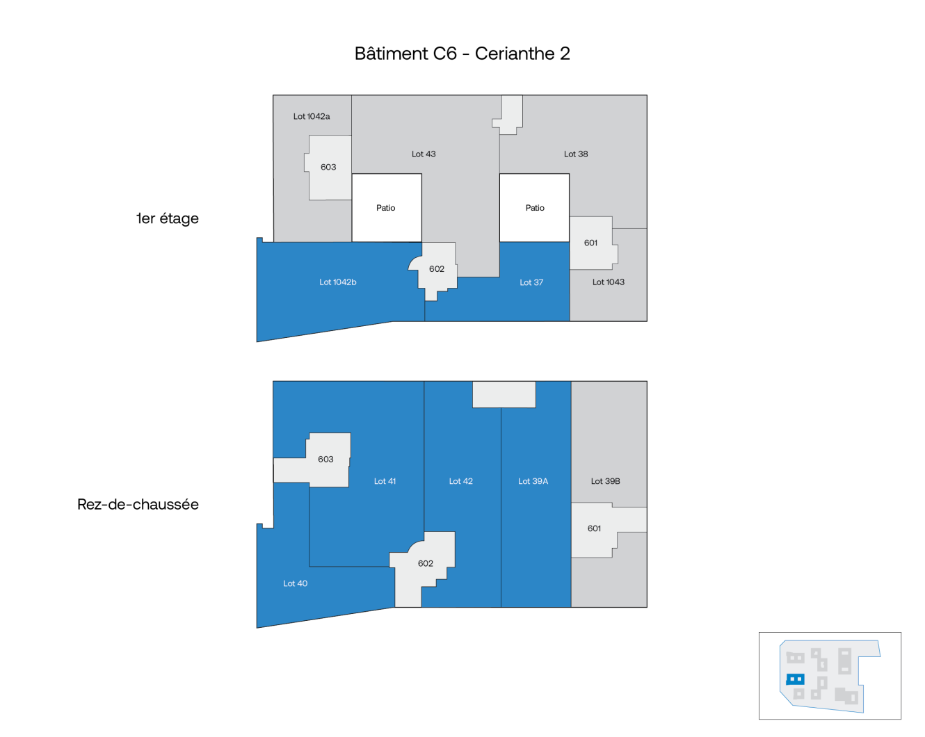 Plan d'étage du Bâtiment C6 - Cerianthé 2 montrant les pièces et les lots au rez-de-chaussée et au premier étage, avec des zones sélectionnées surlignées en bleu.