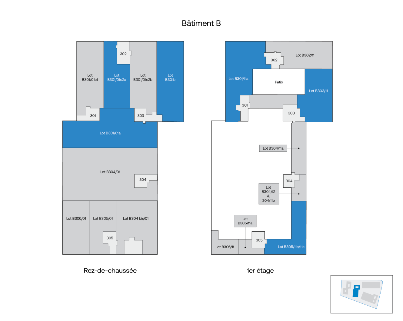Plan d'étage du bâtiment B présentant la disposition des logements du rez-de-chaussée et du premier étage, avec indication des numéros de lot, certains logements étant mis en évidence en bleu, et comportant un petit plan de localisation dans le coin inférieur droit.