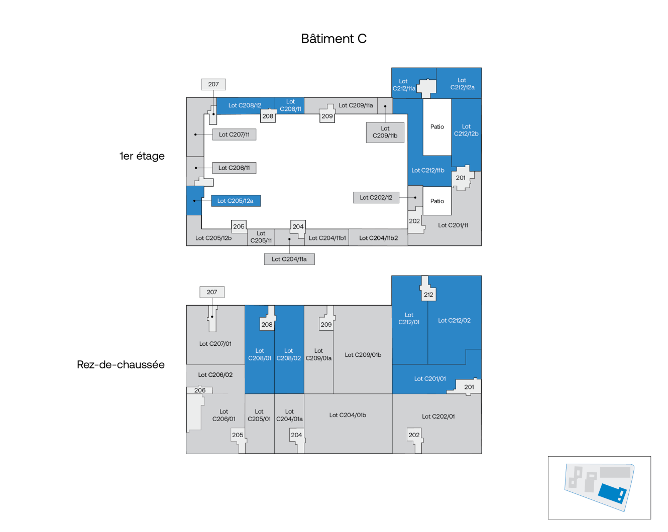 Plan du Bâtiment C indiquant les pièces identifiées sur deux niveaux, certaines d'entre elles étant surlignées en bleu tant au rez-de-chaussée qu'au premier étage.