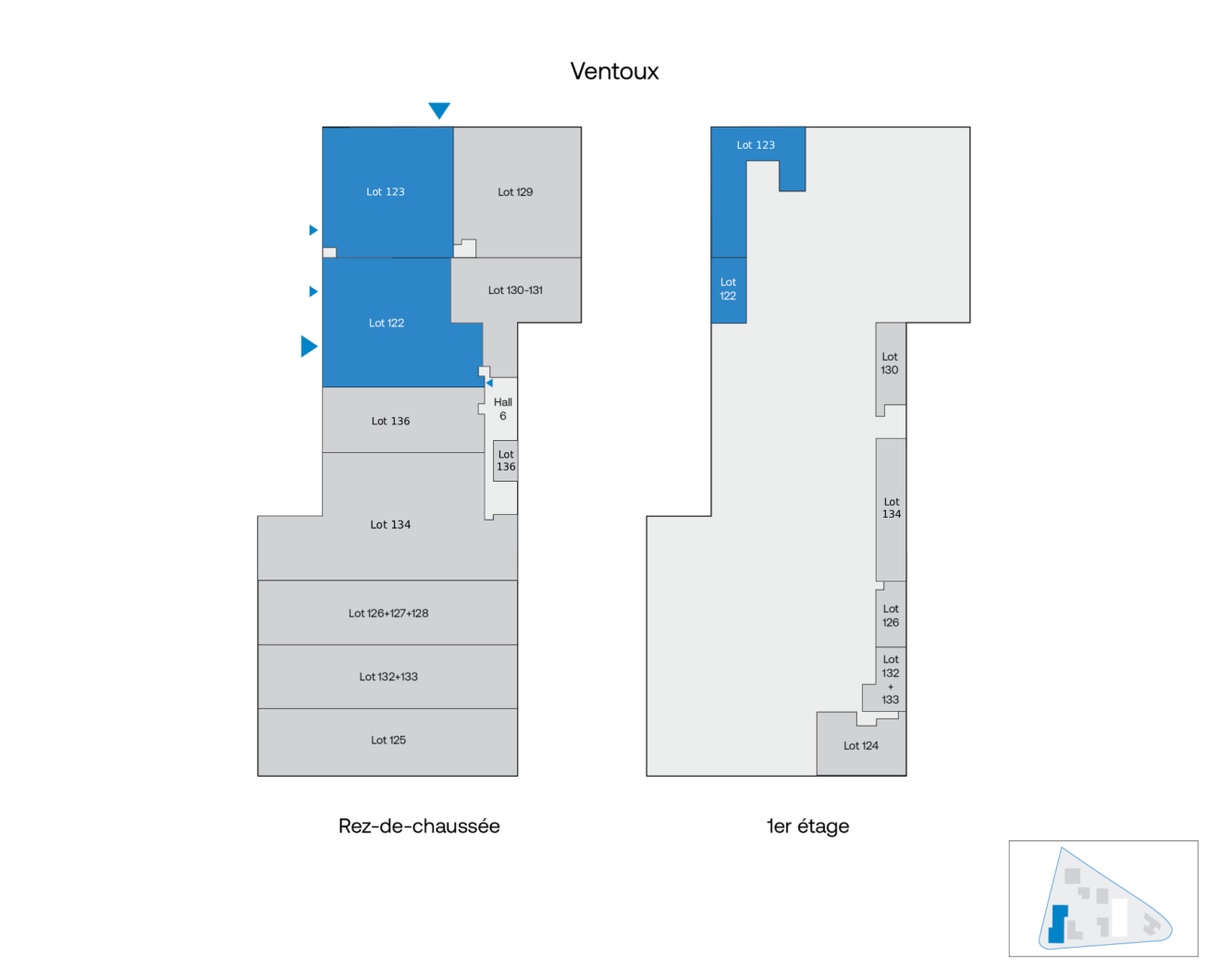 Plan de l'immeuble Ventoux montrant l'agencement du rez-de-chaussée et du premier étage ; les unités 121 et 122 sont surlignées en bleu sur les deux niveaux.