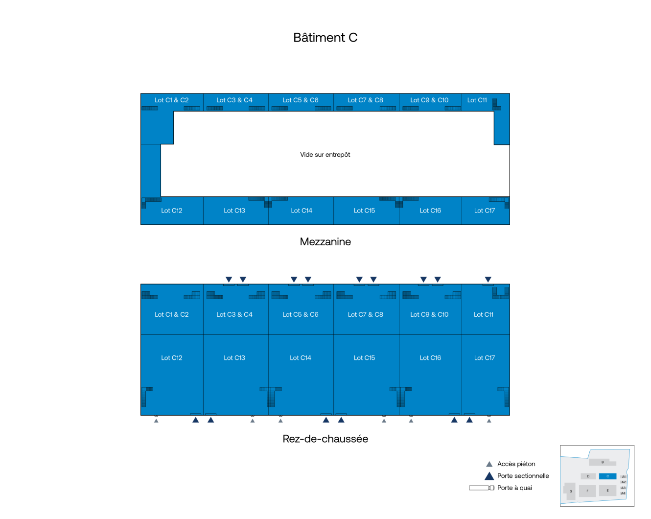Plan du Bâtiment C avec les unités de la mezzanine et du rez-de-chaussée, les portes piétonnes, secondaires et de quai, et une légende en bas à droite.