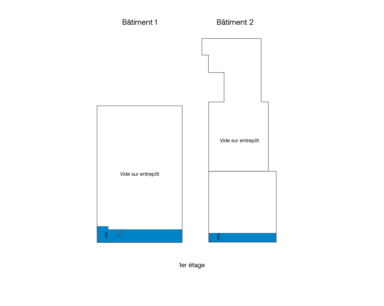 Plan d'étage montrant les dispositions du premier étage du Bâtiment 1 et du Bâtiment 2, avec les zones d'entrepôt ouvertes et les sections bleues marquées au bas de chaque bâtiment.