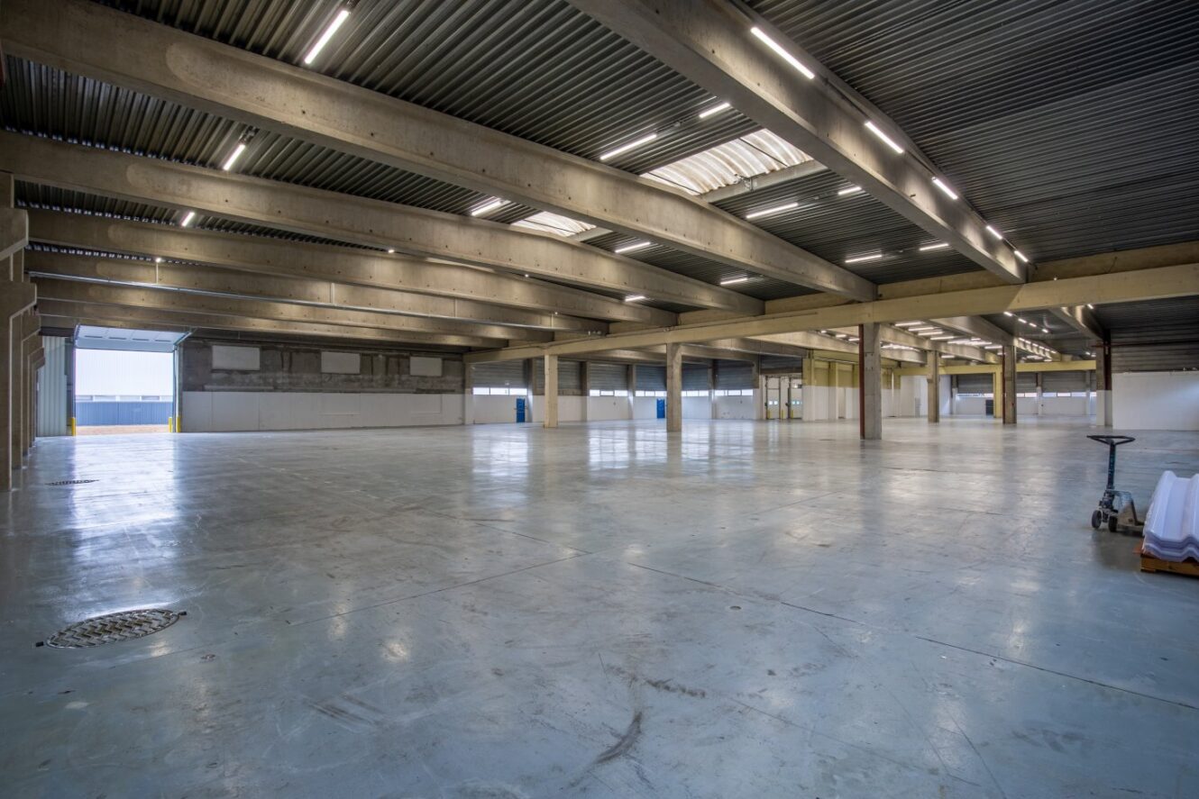 Grand entrepôt vide avec un sol en béton, des poutres apparentes au plafond et un éclairage zénithal intense. Un transpalette manuel se trouve près du côté droit. La lumière naturelle pénètre par les fenêtres.