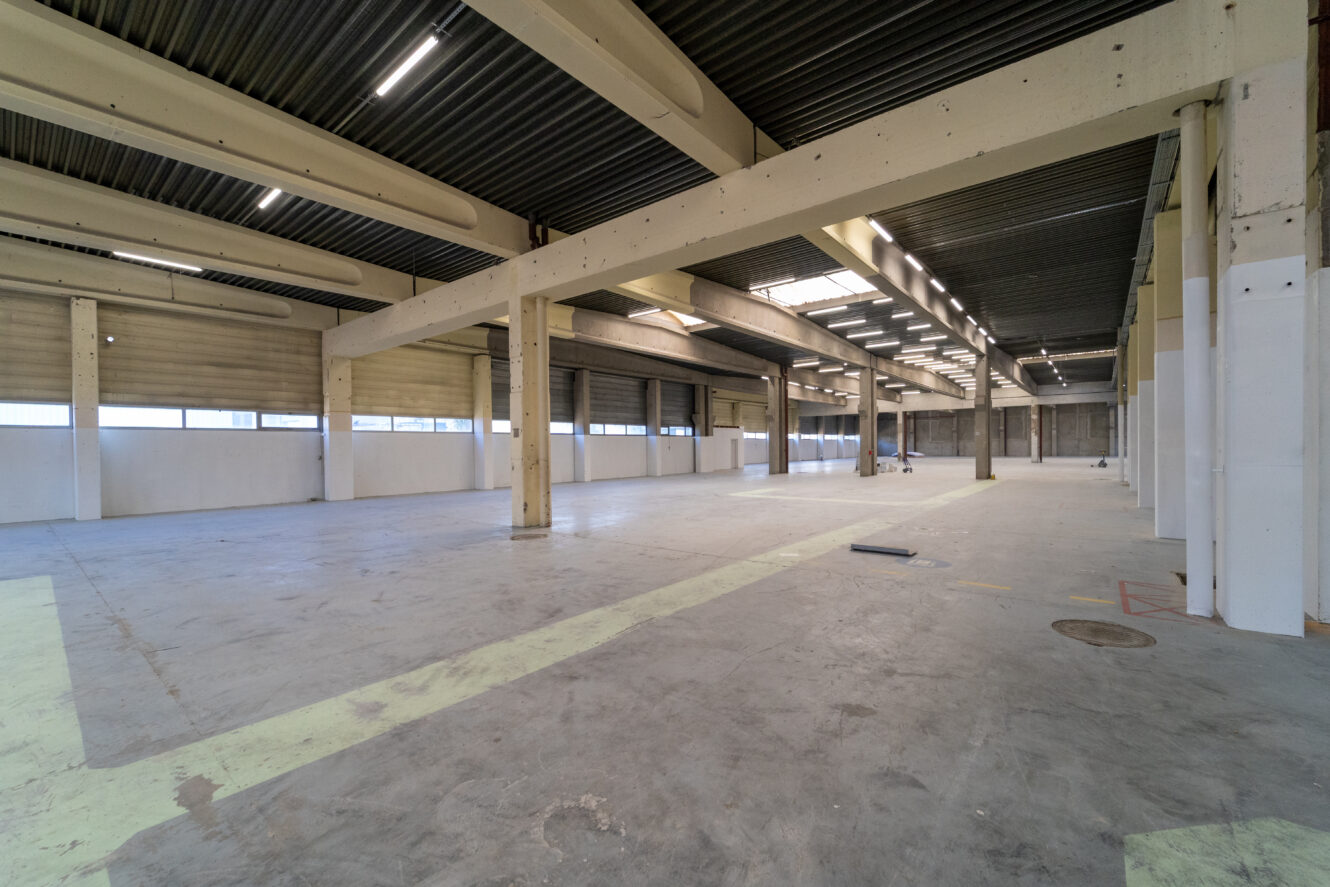 Intérieur d'un entrepôt industriel vide et spacieux avec sol en béton, poutres apparentes et grandes fenêtres le long des murs.