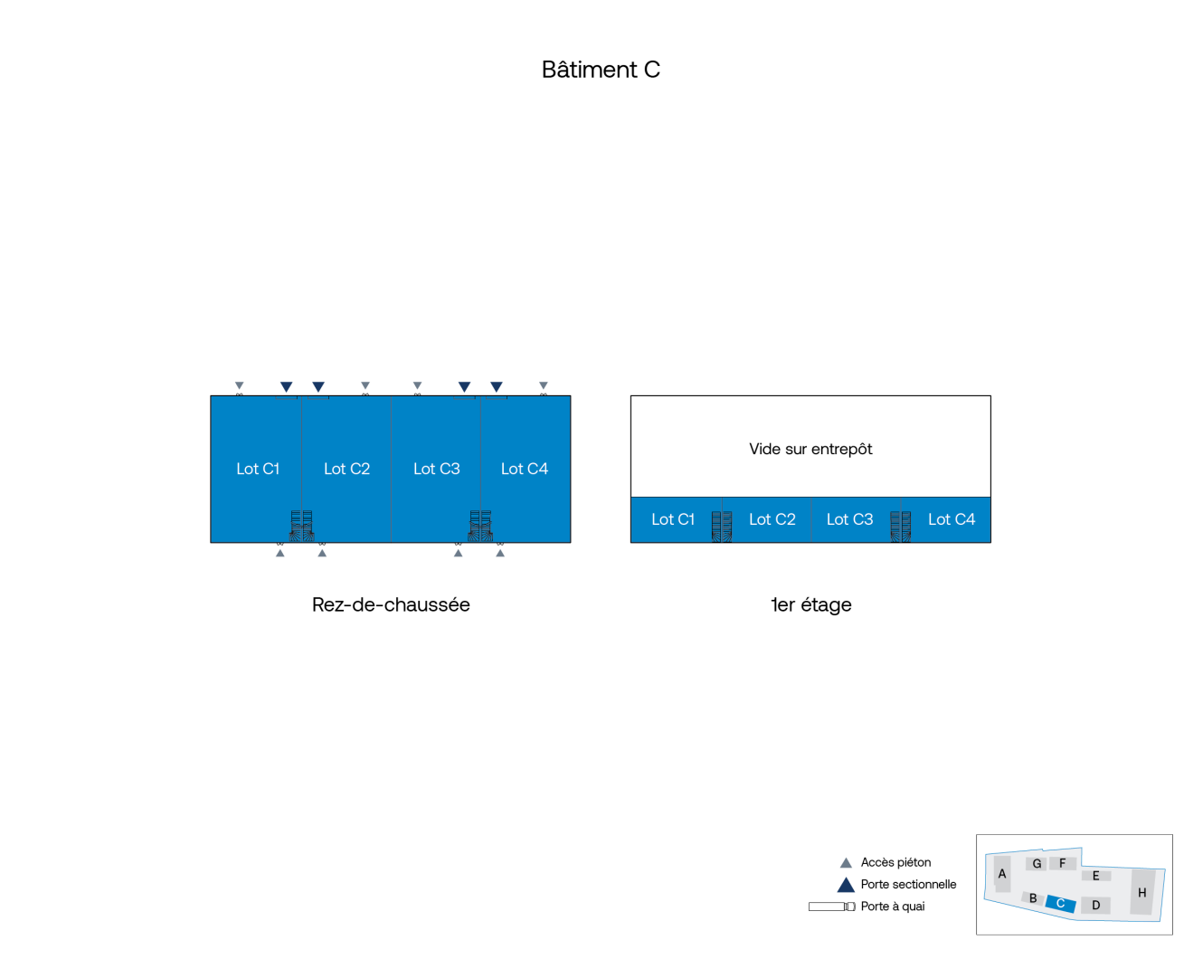 Plan du bâtiment C montrant le rez-de-chaussée avec les lots C1 à C4, le premier étage avec les lots C1 à C4, et une clé pour l'accès des piétons, les portes de secours et les portes de quai.
