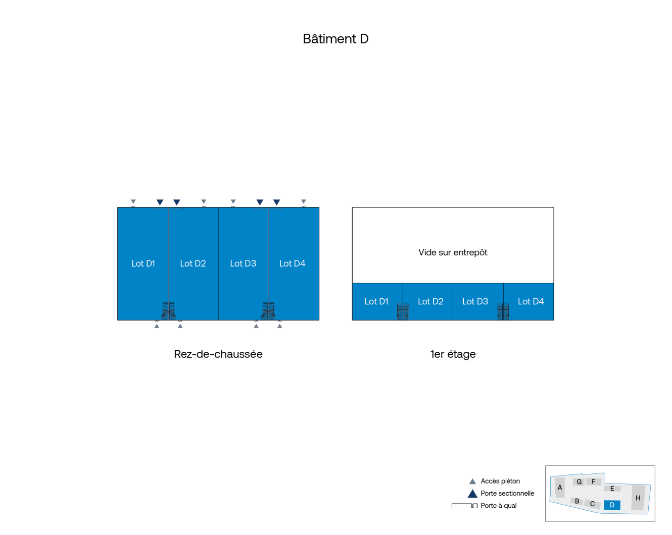 Plan du Bâtiment D montrant quatre lots (D1-D4) au rez-de-chaussée et au premier étage, avec des entrées et un vide central au niveau supérieur. Légende en bas à droite.