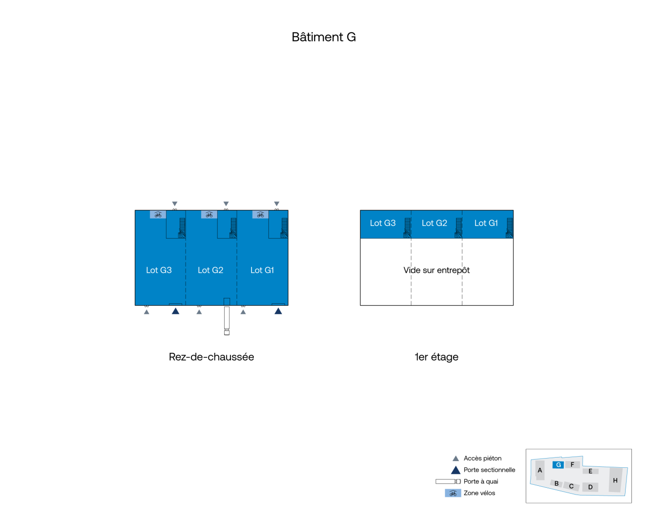 Plan du bâtiment G montrant le rez-de-chaussée avec les lots G1-G3 et les entrées, et le premier étage avec les lots G1-G3 et le vide-entrepôt ; la légende indique l'accès piétonnier, les portes et l'espace réservé aux vélos.
