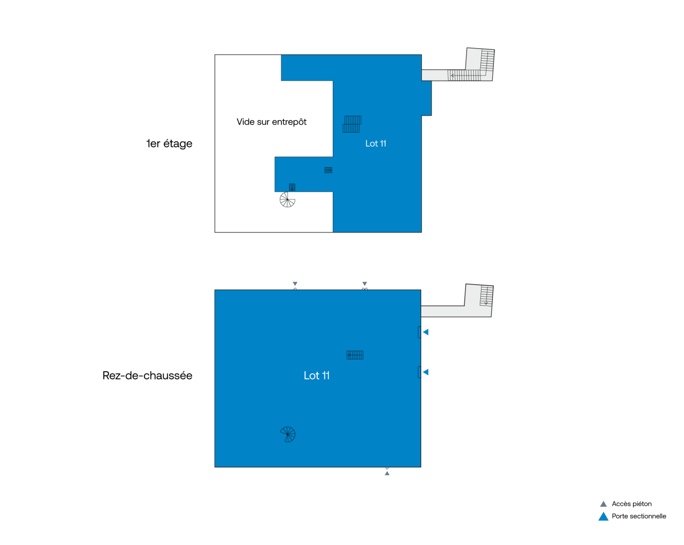Plan d'étage montrant le rez-de-chaussée et le premier étage d'un entrepôt, étiqueté Lot 11, avec des icônes pour l'accès piéton et les portes sectionnelles.