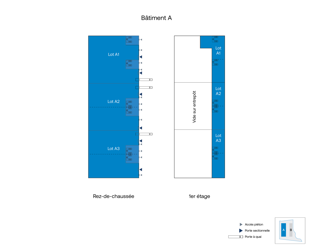 Plan du Bâtiment A montrant trois lots (A1, A2, A3) au rez-de-chaussée et au premier étage, avec les entrées et les points d'accès étiquetés.