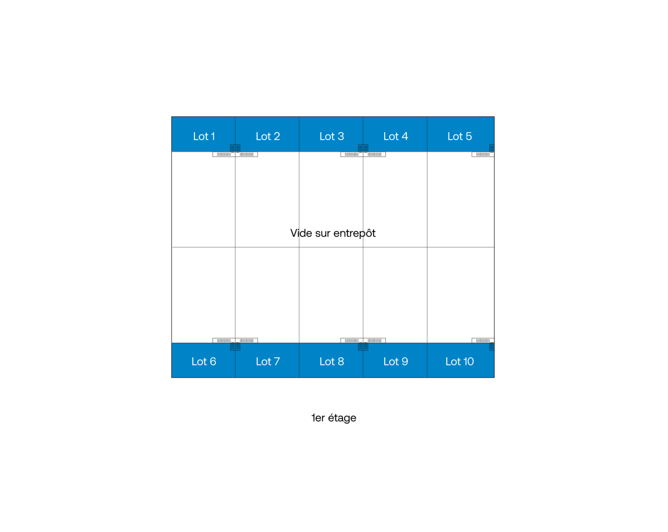 Diagramme d'un plan d'étage étiqueté 1er étage montrant dix sections (Lot 1 à Lot 10) disposées autour d'un espace central ouvert marqué Vide sur entrepôt.
