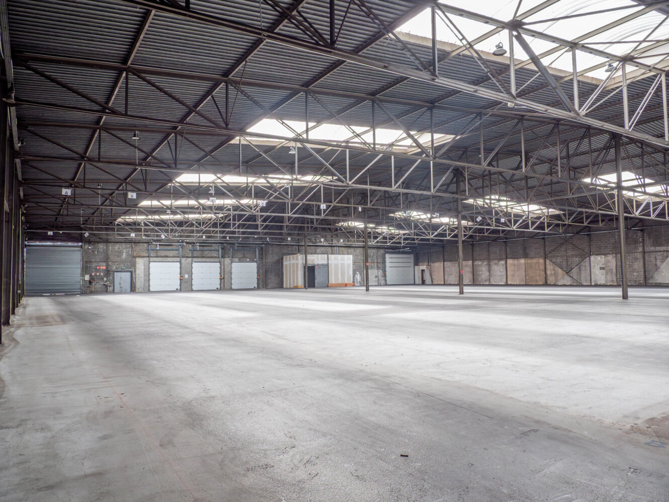 Grand entrepôt vide avec sol en béton, poutres métalliques apparentes et plusieurs portes de quai de chargement le long du mur du fond. La lumière naturelle pénètre par des puits de lumière au plafond.