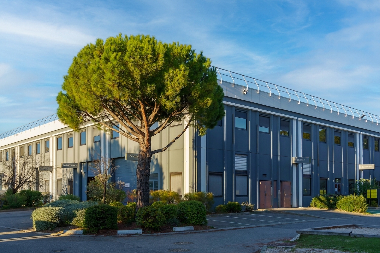Par temps clair, un grand pin se dresse devant un bâtiment industriel moderne de deux étages, aux murs gris et aux nombreuses fenêtres.
