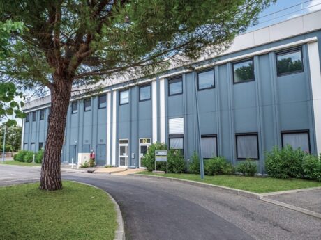 Immeuble de bureaux moderne de deux étages, de couleur grise, doté de nombreuses fenêtres, entouré de verdure, avec un arbre au premier plan et une allée incurvée menant à l'entrée.