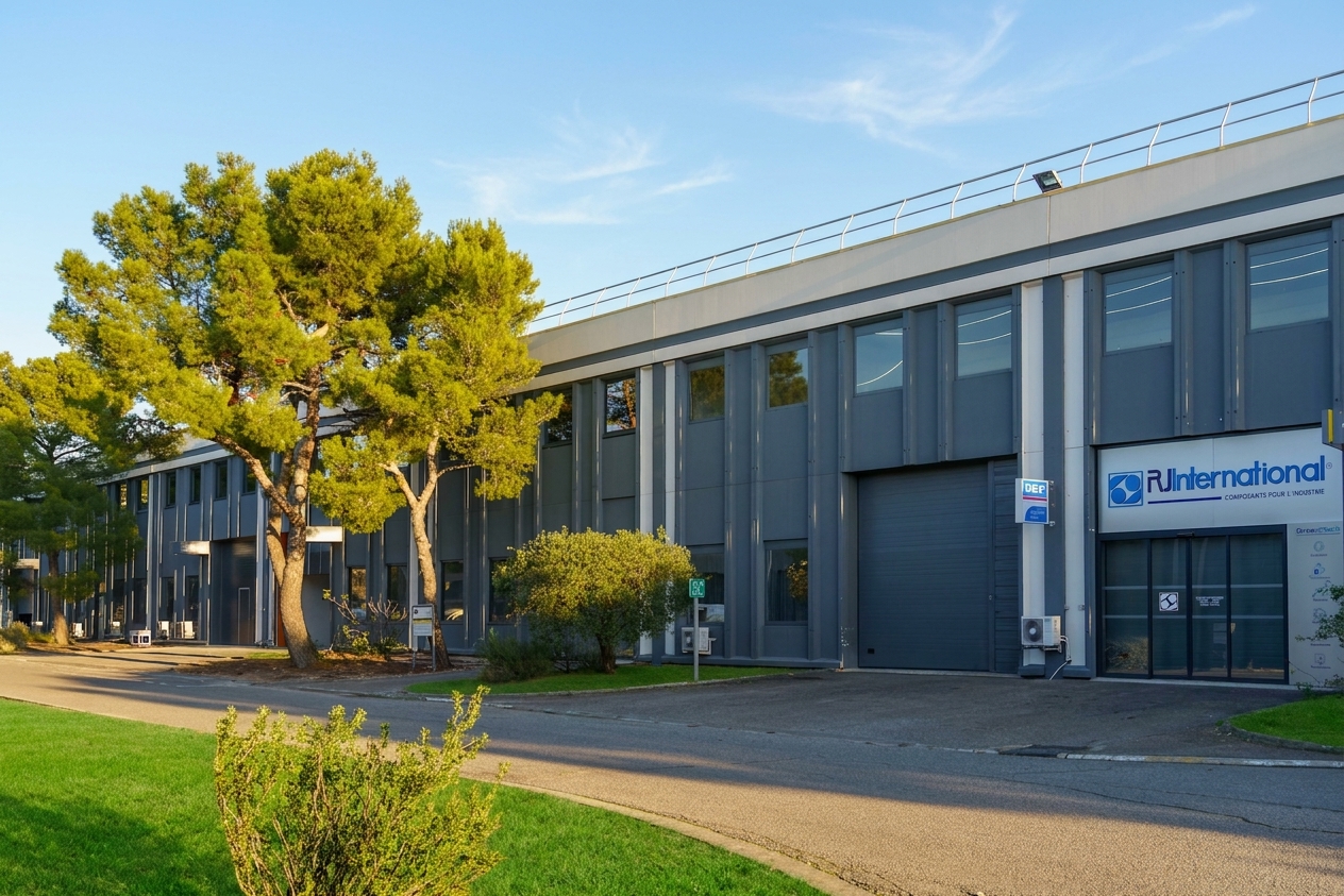 Bâtiment industriel moderne doté de grandes baies vitrées, d'une façade grise et de plusieurs arbres devant. Une enseigne portant l'inscription « RJ International » est visible au-dessus d'une porte de garage. Les lieux sont propres et bien entretenus.