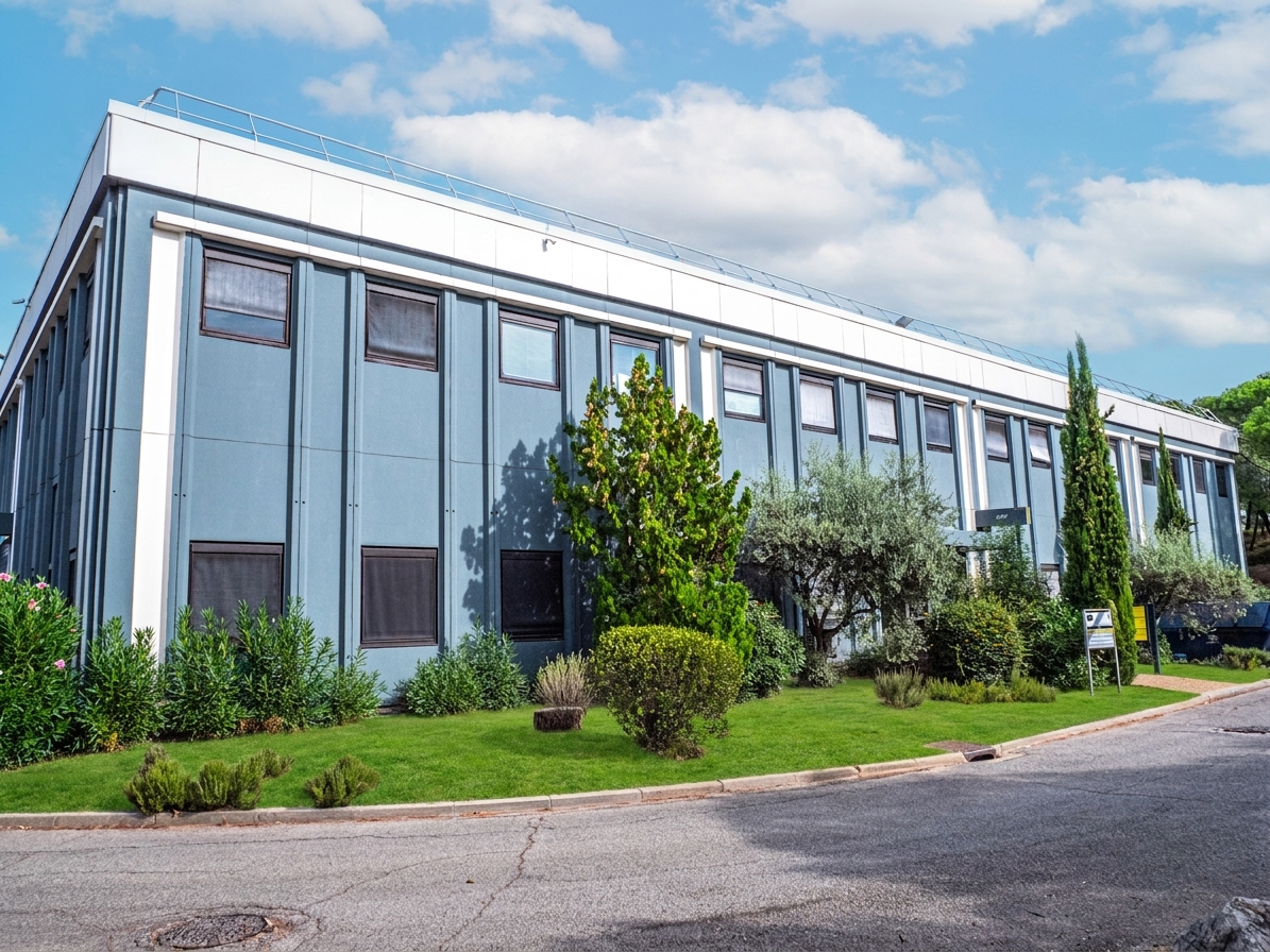 Un immeuble de bureaux moderne de deux étages, doté de panneaux bleu-gris et de nombreuses fenêtres, entouré d'espaces verts bien entretenus et d'arbres, sous un ciel partiellement nuageux.