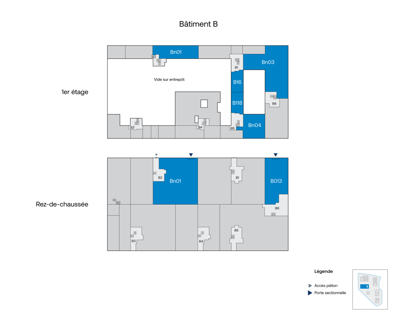 Plan du Bâtiment B représentant le rez-de-chaussée et le premier étage, avec les pièces identifiées (Bn01-Bn16), les accès aux escaliers, les portes sectionnelles et une légende dans le coin inférieur droit.