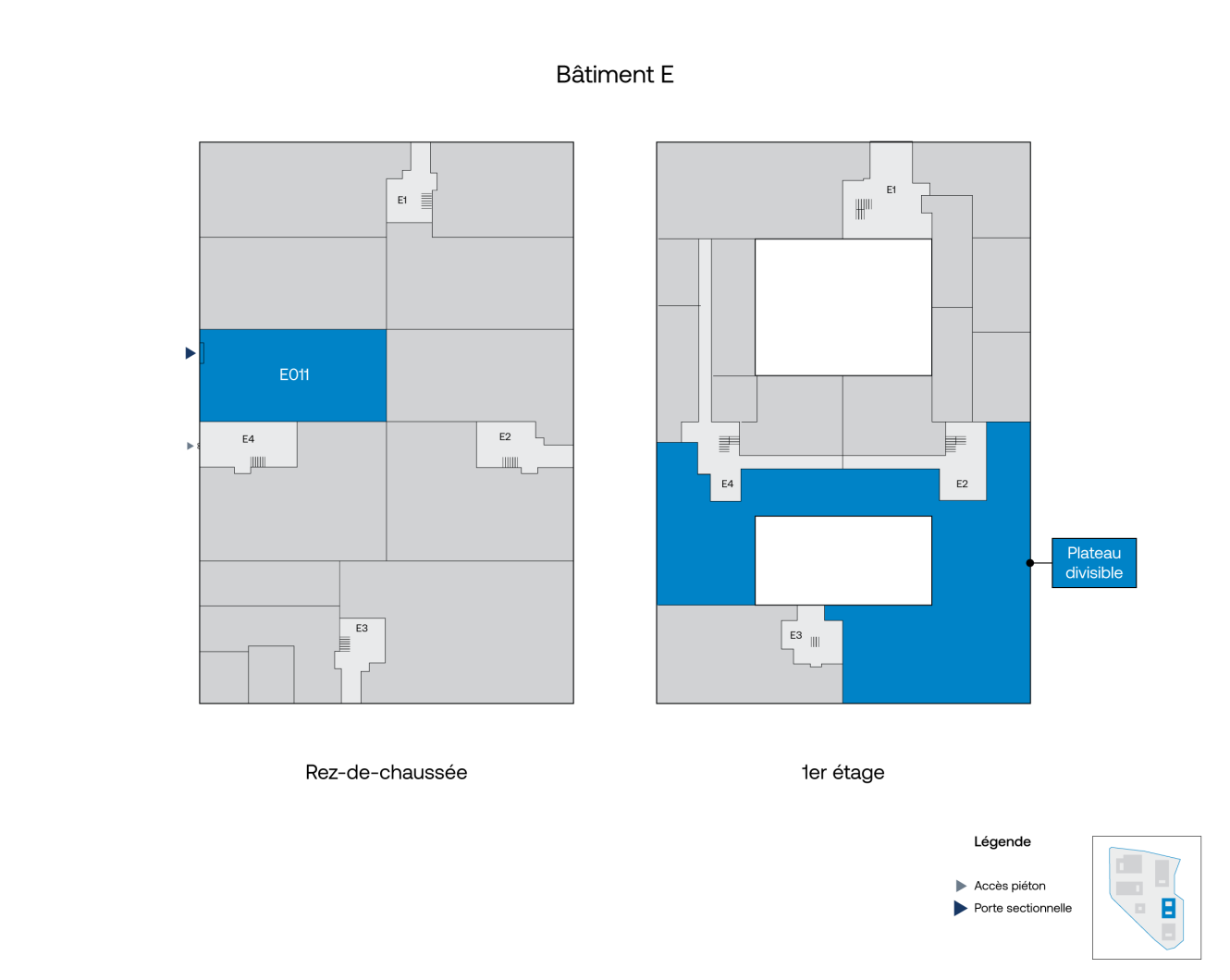 Plan du bâtiment E présentant la salle E011 au rez-de-chaussée et un espace modulable au premier étage, avec une légende indiquant les accès piétons et les portes sectionnelles.