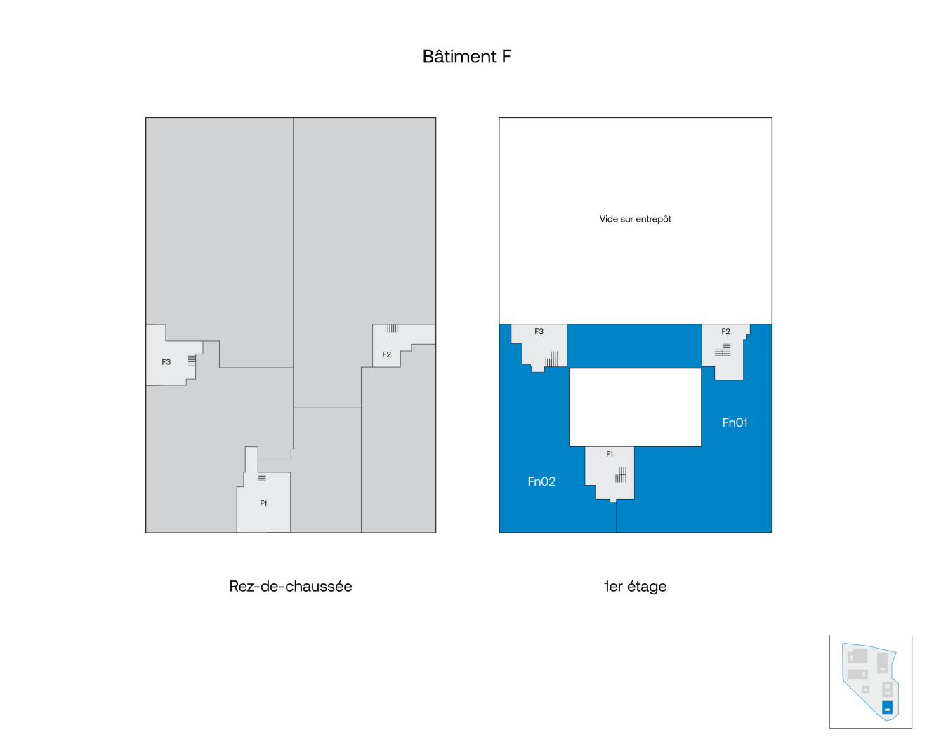 Plan du bâtiment F représentant le rez-de-chaussée en gris et le premier étage en bleu. Diverses zones sont indiquées, notamment F3, F4, Fn01, Fn02, ainsi qu'un « vide sur entrepôt » situé au centre du premier étage.
