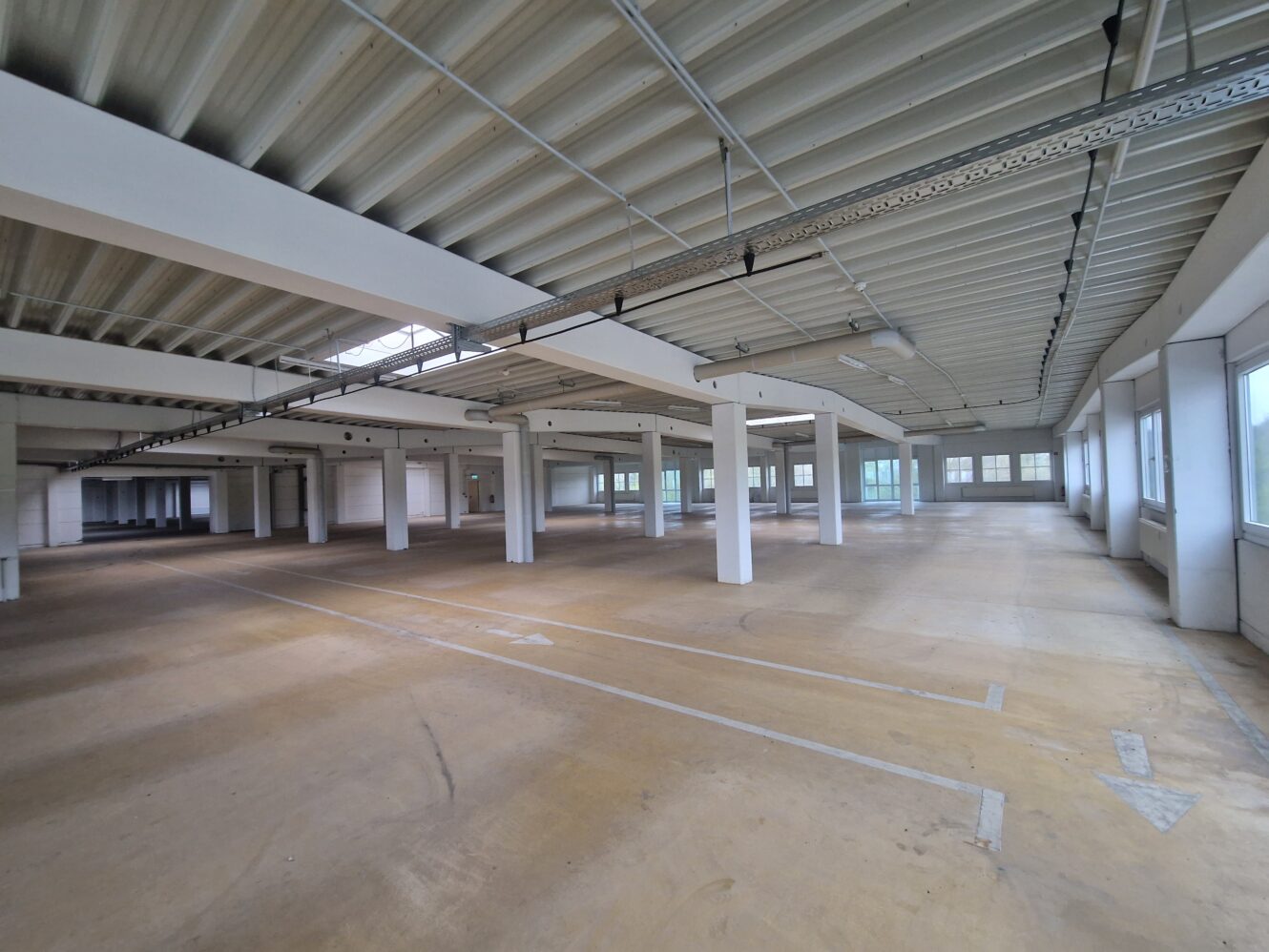 Geräumiges, leeres Industrielager mit Betonsäulen, hohen Decken, großen Fenstern und Oberlichtern.