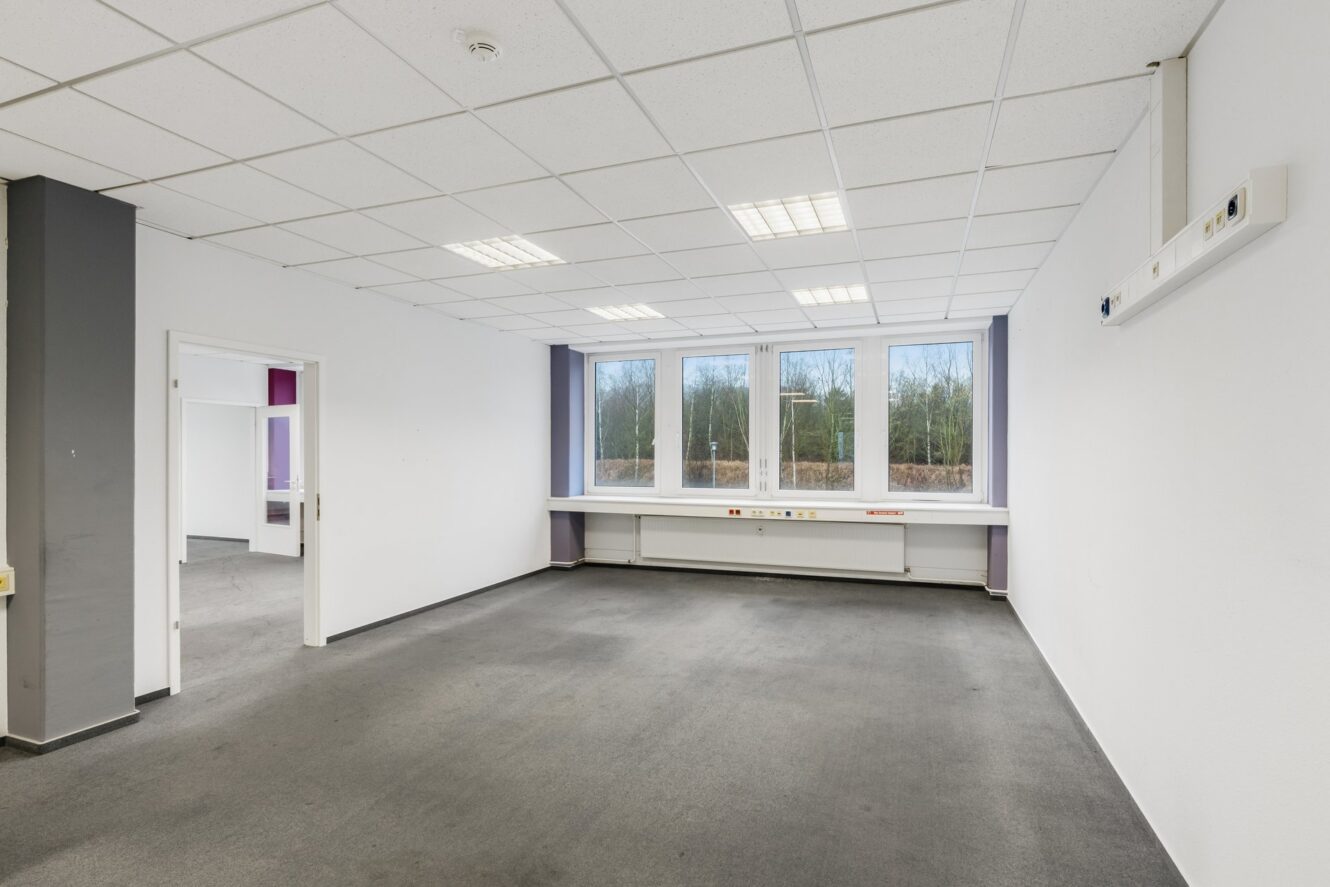 Ein leerer Büroraum mit grauem Teppich, weißen Wänden, Deckenleuchten, großen Fenstern und Steckdosen an der Rückwand.