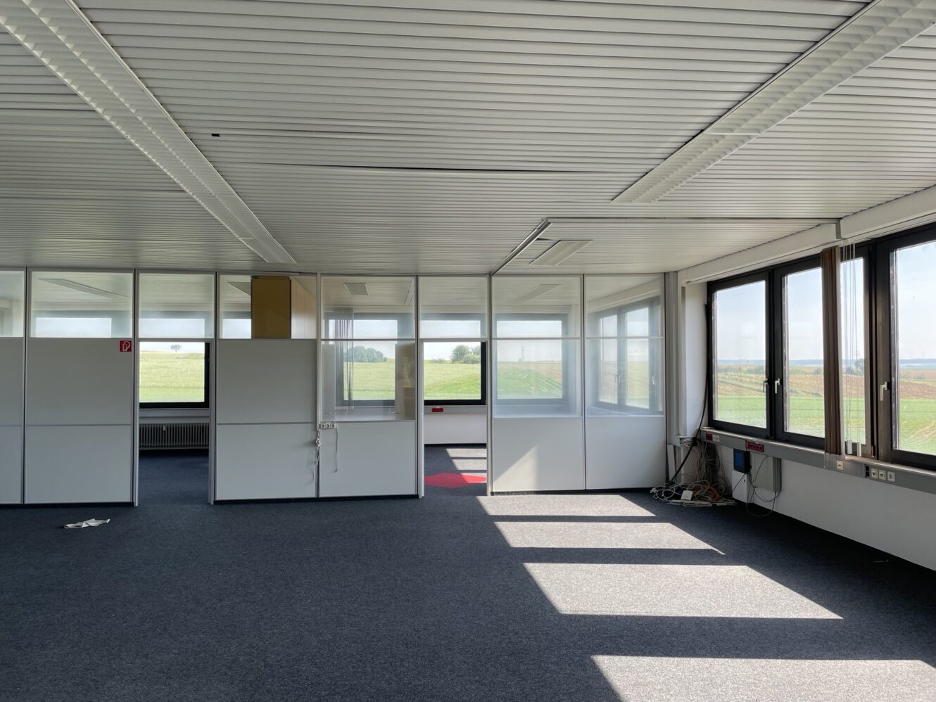Ein geräumiges, leeres Büro mit Teppichboden, Glastrennwänden und großen Fenstern, die natürliches Licht hereinlassen. Einige lose Kabel sind an den Fenstern zu sehen.