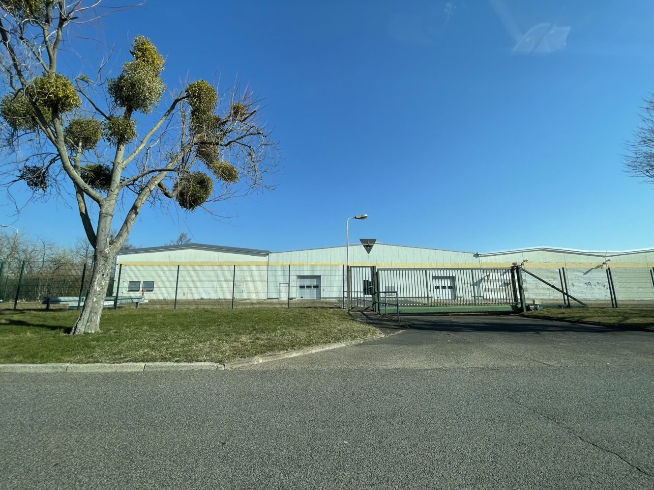 Ein großes, helles Lagerhaus mit einem Metalltor davor, ein blattloser Baum auf der linken Seite und ein klarer, blauer Himmel über uns.