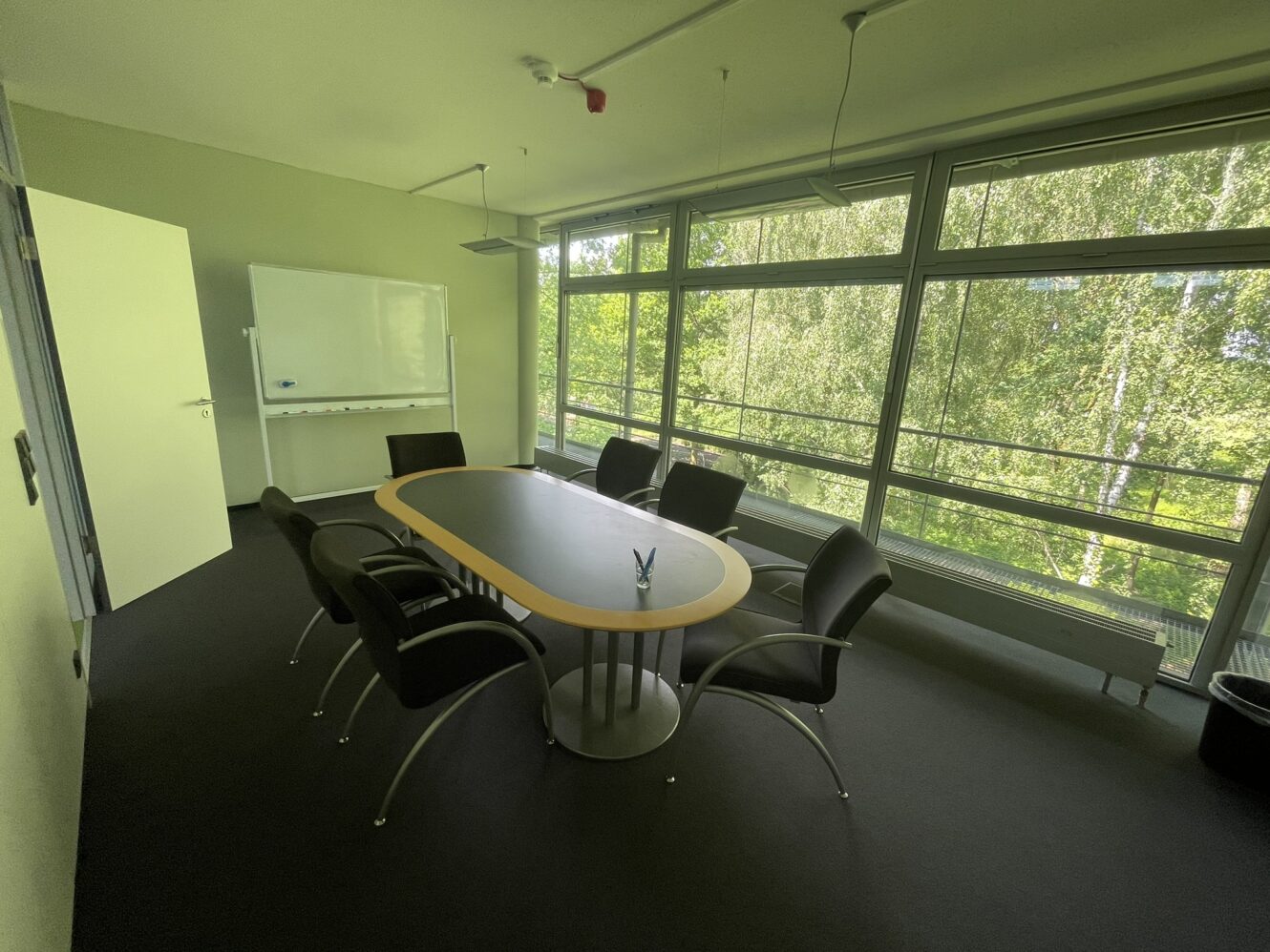 Ein moderner Konferenzraum mit fünf Stühlen um einen ovalen Tisch, einem Whiteboard, einer offenen Tür und großen Fenstern mit Blick auf die grünen Bäume draußen.