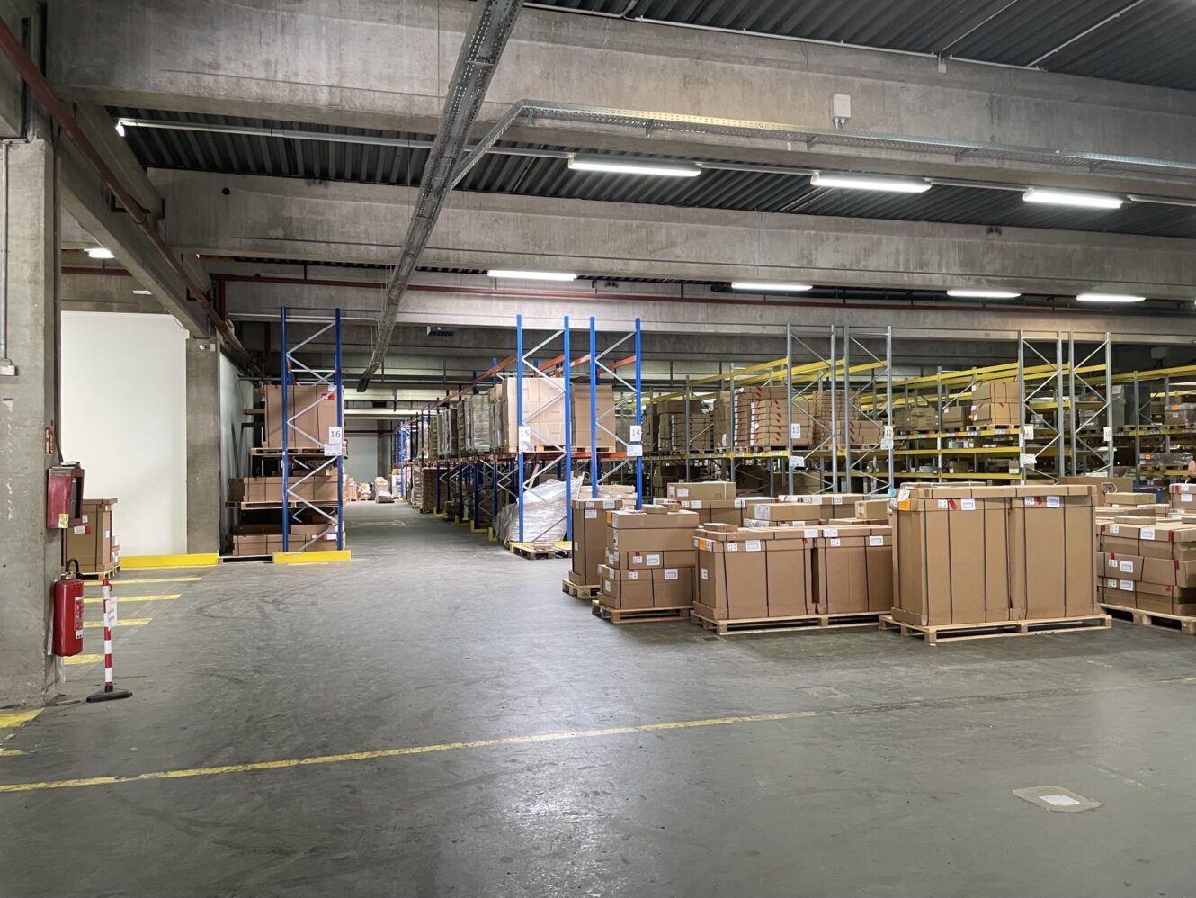 Große Lagerhalle mit Regalen und Stapeln von Kartons, Betonwänden und -decken, heller Deckenbeleuchtung und übersichtlichen Gängen.