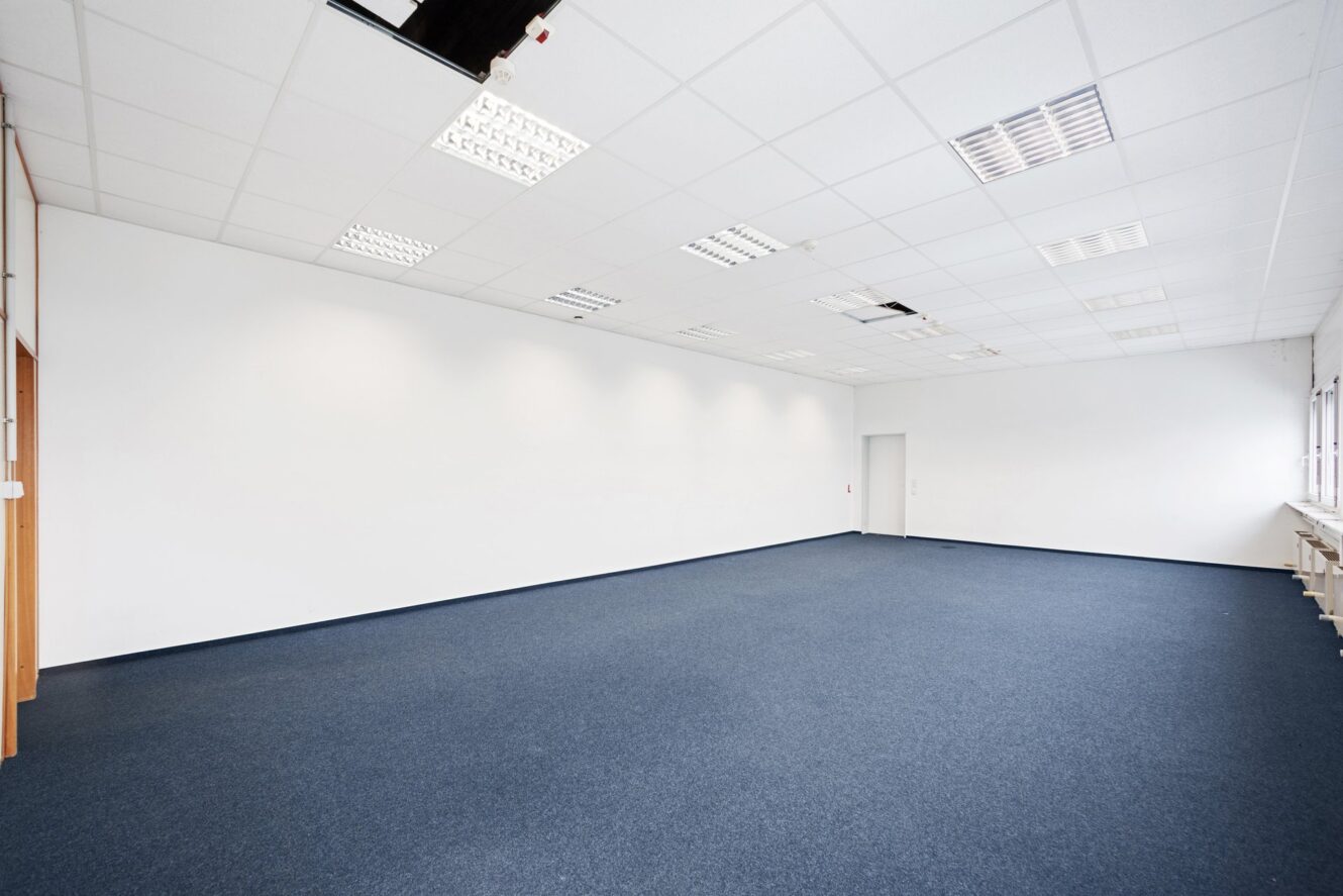 Ein leerer Büroraum mit weißen Wänden, blauem Teppich, großen Fenstern auf einer Seite, einer Tür auf der Rückseite und mehreren fehlenden oder deplatzierten Deckenplatten.