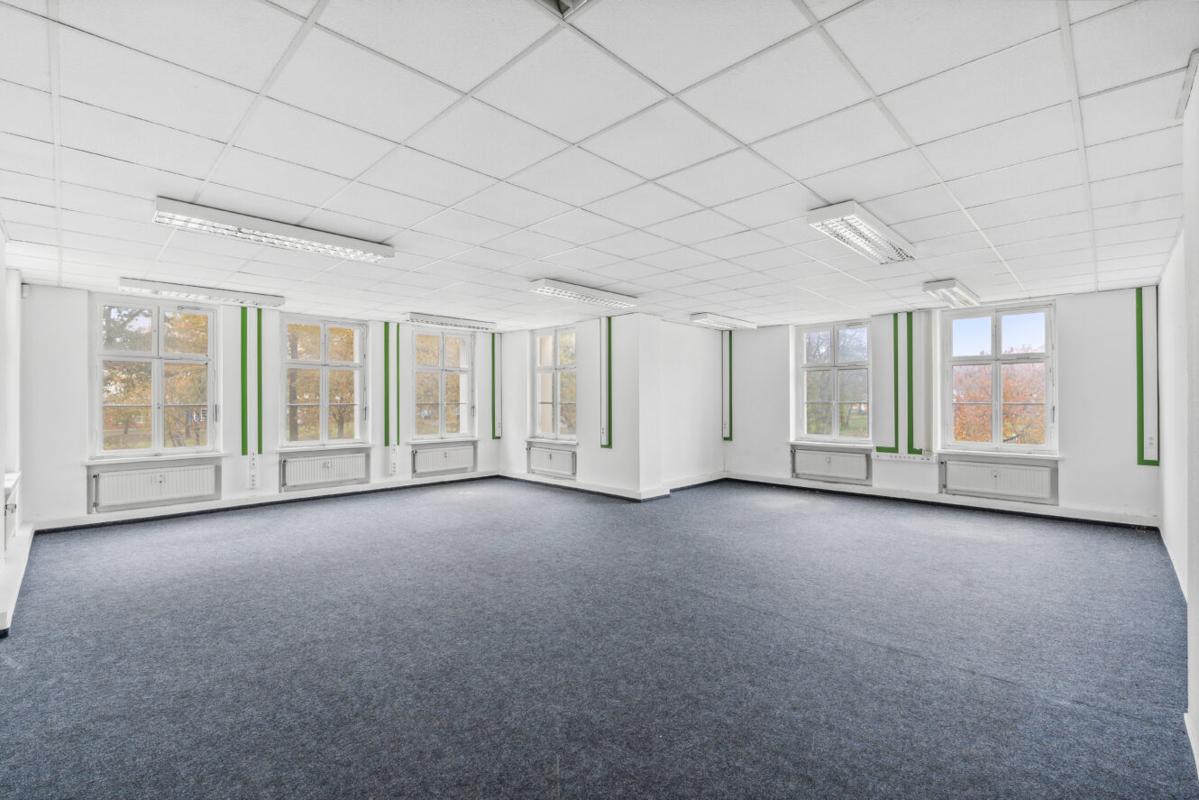 Großer, leerer Raum mit blauem Teppich, weißen Wänden, mehreren Fenstern und fluoreszierenden Deckenleuchten.