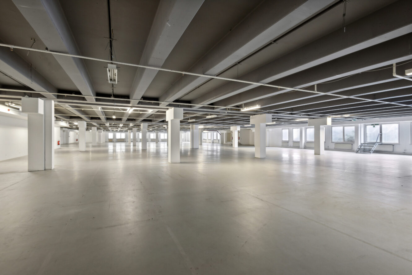 Geräumiges, leerstehendes Industriegebäude mit Betonböden, weißen Säulen, freiliegenden Deckenbalken und großen Fenstern, die viel Tageslicht hereinlassen.