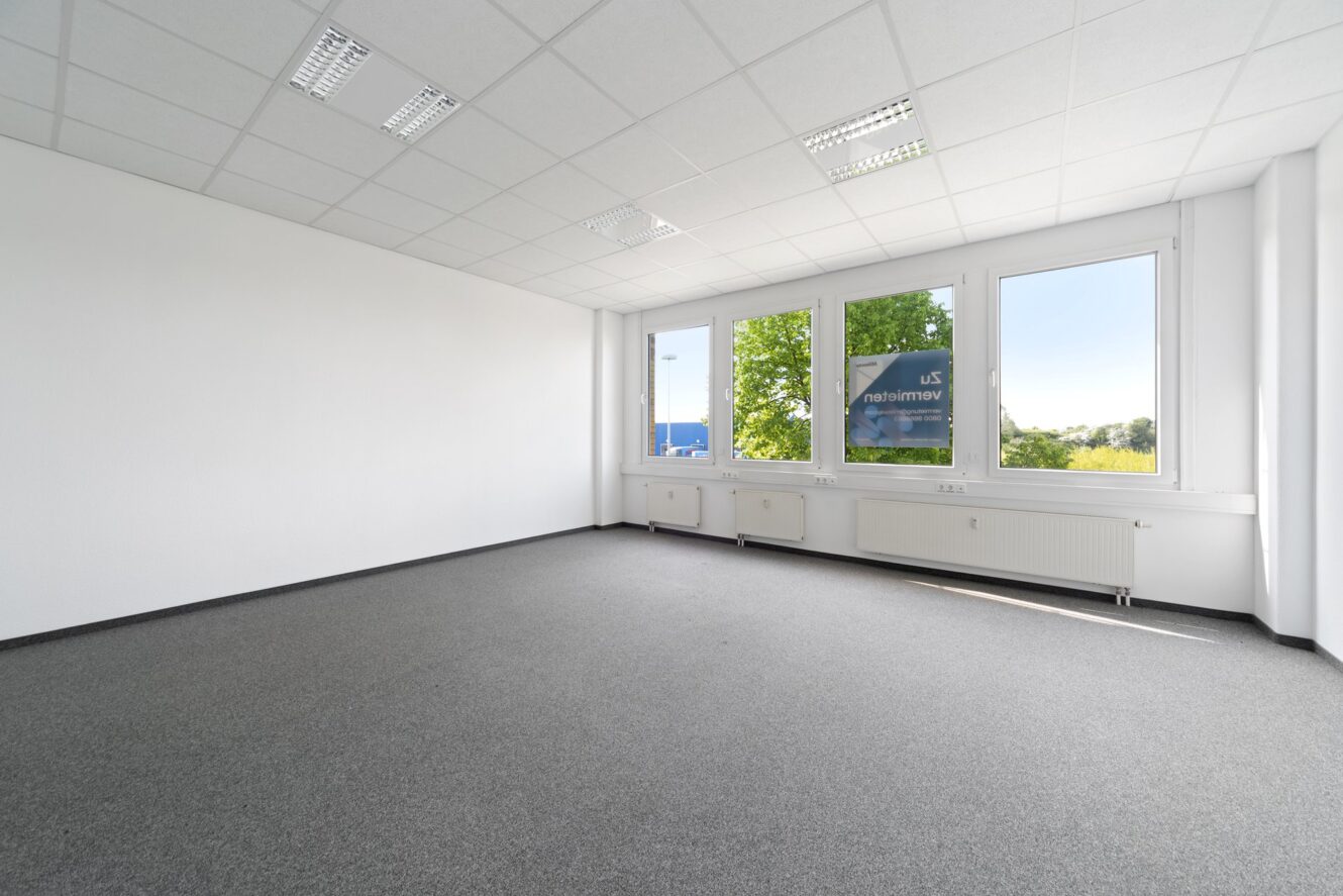 Leerer Büroraum mit weißen Wänden, großen Fenstern, grauem Teppich und Deckenleuchten; vor den Fenstern sind Bäume und ein Gebäude zu sehen.