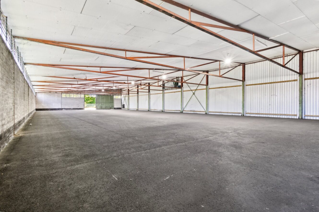 Großes leeres Lagerhaus mit weißer Decke, freiliegenden Stahlträgern, Betonwänden und einem gepflasterten Boden. Durch die Fenster an der oberen linken Wand fällt Sonnenlicht ein.