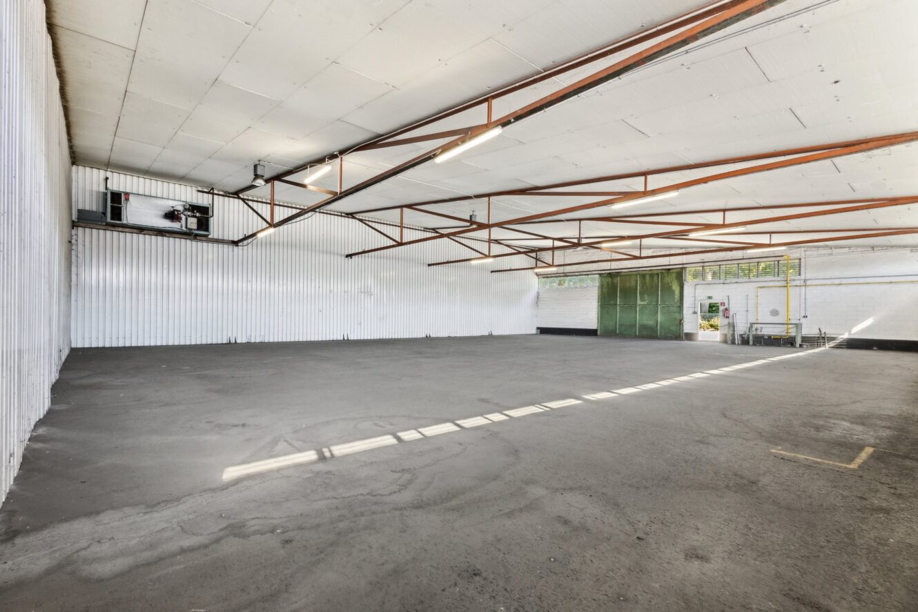 Geräumige, leere Lagerhalle mit Betonboden, weißen Wellblechwänden und -decken, freiliegenden Balken, großen grünen Schiebetüren und Industriebeleuchtung.