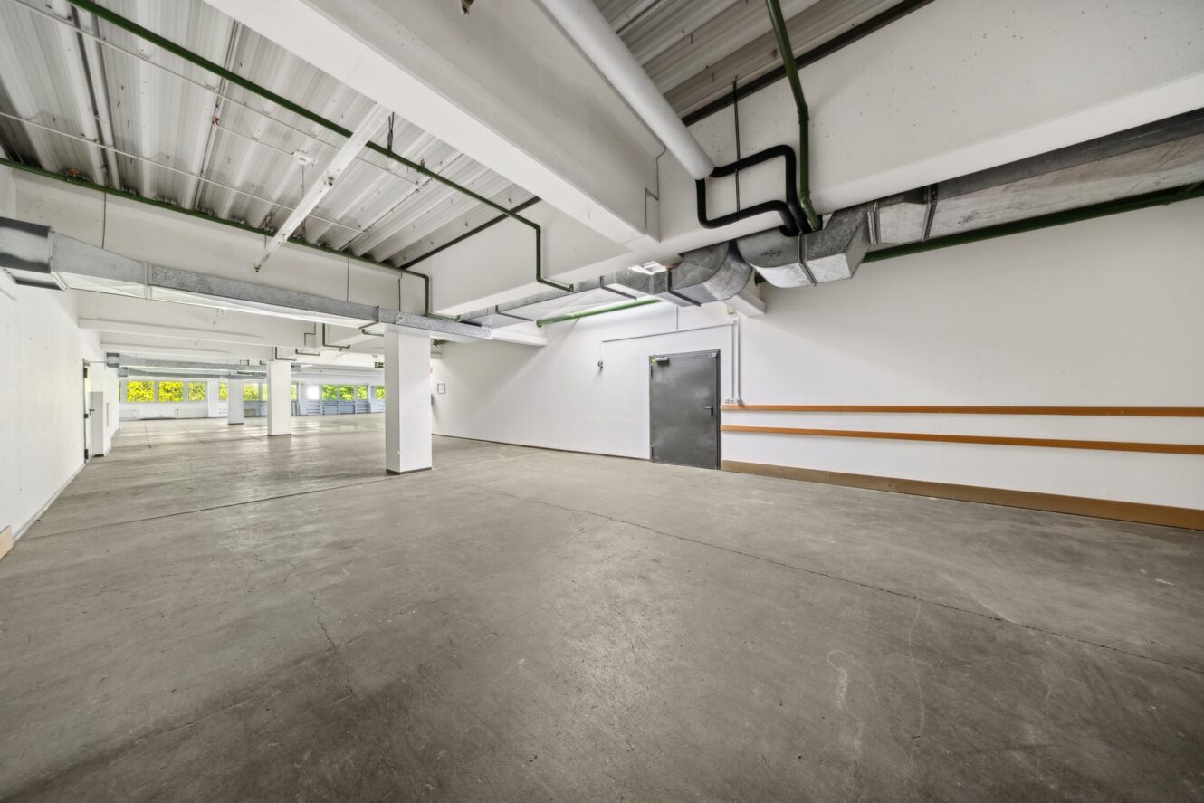 Geräumiger, leerer Industrieraum mit Betonboden, weißen Wänden, freiliegenden Deckenrohren und einer Metalltür; Fenster säumen die hintere Wand.