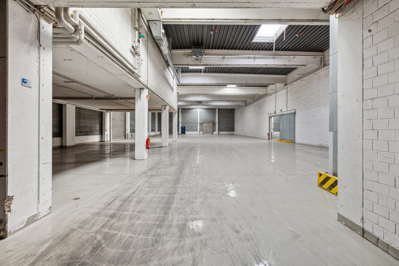 Das Innere eines leeren Industrielagers mit weißen Wänden, grauen Betonböden, tragenden Säulen und hohen Decken, beleuchtet von Oberlichtern und Deckenlampen.