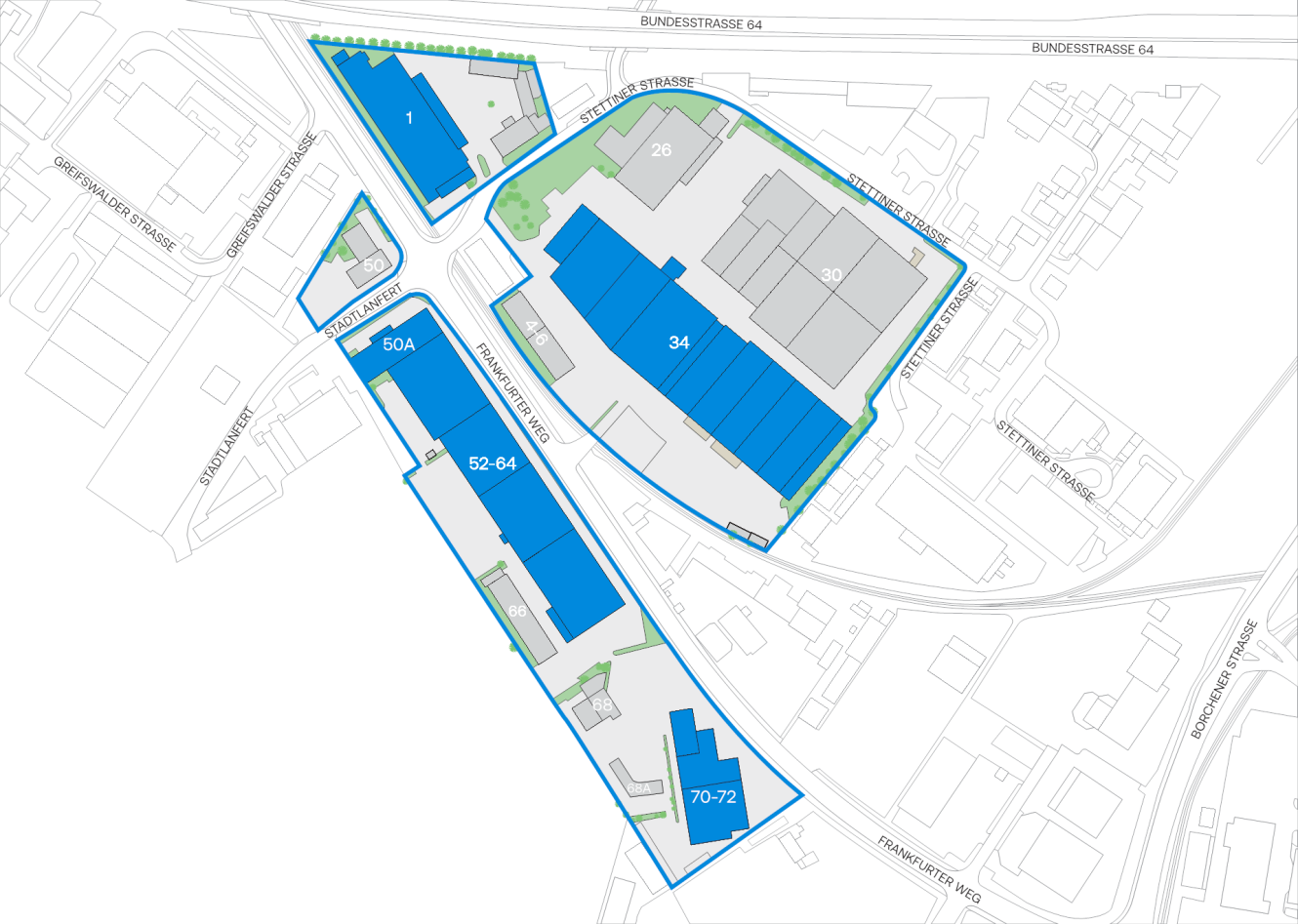 Ein Lageplan mit mehreren blau umrandeten Gebäuden und Grundstücken, die mit Nummern wie 1, 26, 34, 50a, 52-64 und 70-72 entlang verschiedener Straßen beschriftet sind.