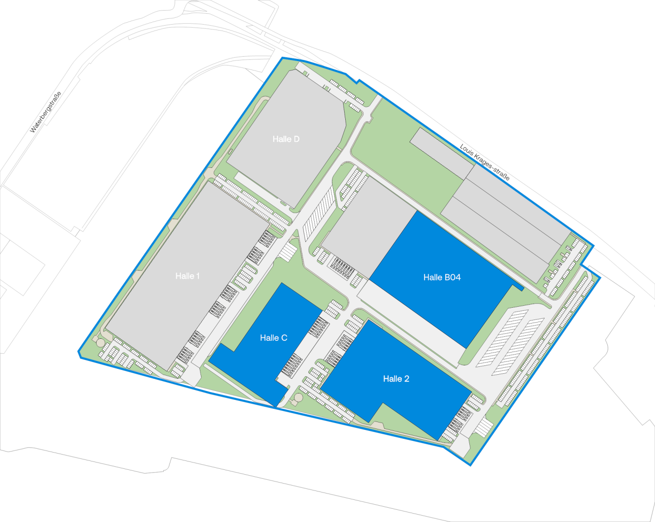 Lageplan mit fünf beschrifteten Gebäuden (Halle 1, Halle D, Halle C, Halle B04, Halle 2) und umliegenden Parkplätzen, Straßen und Grünflächen innerhalb einer definierten Grundstücksgrenze.