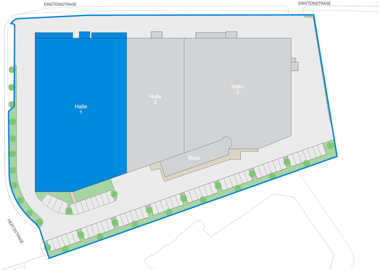 Lageplan mit drei beschrifteten Hallen und einem separaten Bürobereich; Halle 1 ist blau hervorgehoben, die angrenzenden Parkplätze und Begrenzungslinien sind eingezeichnet.
