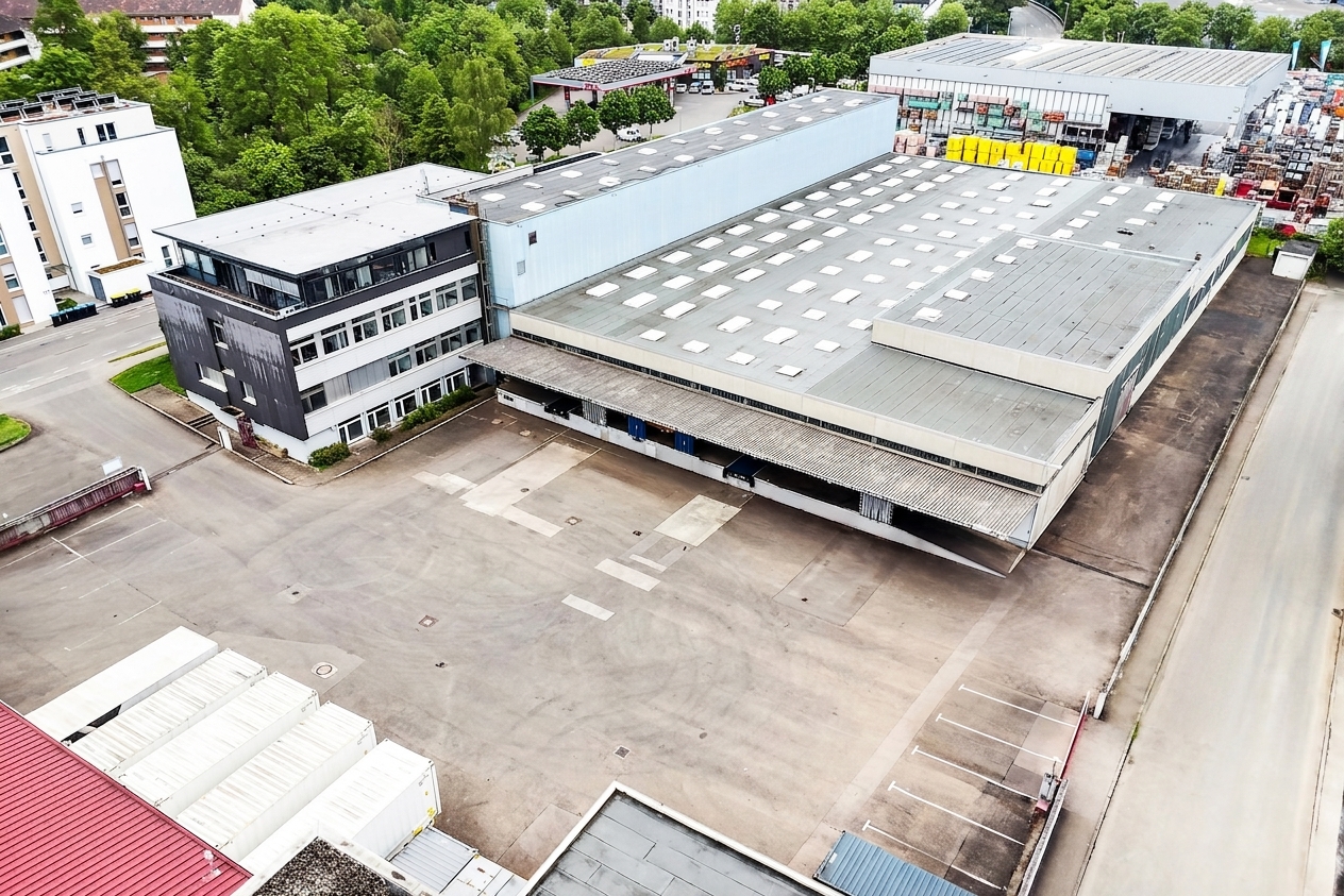 Luftaufnahme eines großen Industrielagers mit Laderampen, angrenzendem Bürogebäude und einem großen Grundstück inmitten von Bäumen und Anlagen.