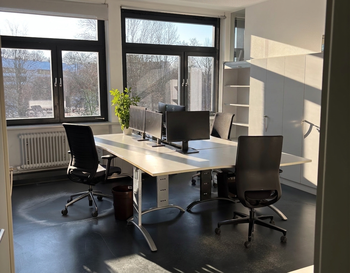 Sonnendurchflutetes Büro mit vier leeren Schreibtischen, Computermonitoren, schwarzen Stühlen, einer Topfpflanze, großen Fenstern und Schränken an den Wänden.